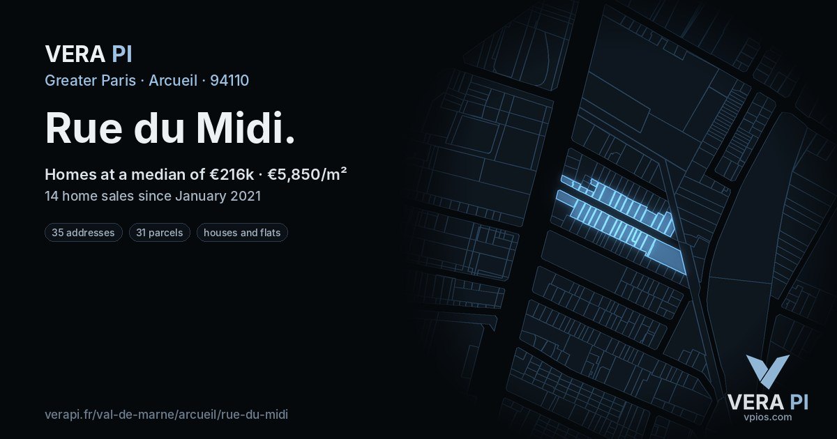 Rue du Midi, Arcueil at night – every parcel coloured by the prices around it, the street's own parcels lit