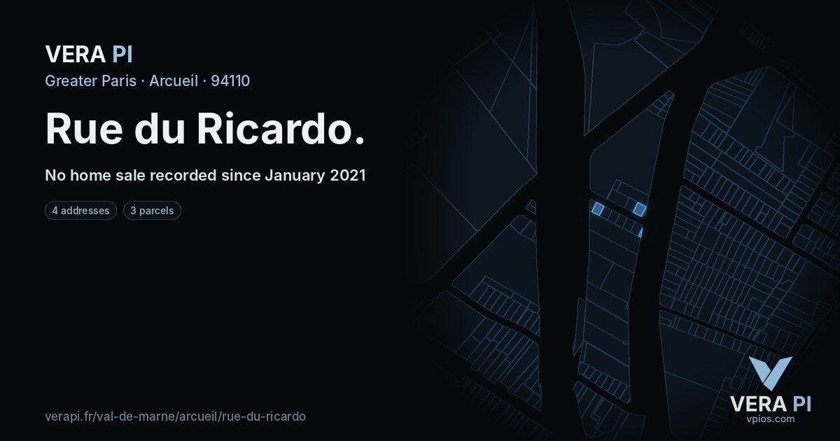 Rue du Ricardo, Arcueil at night – every parcel coloured by the prices around it, the street's own parcels lit