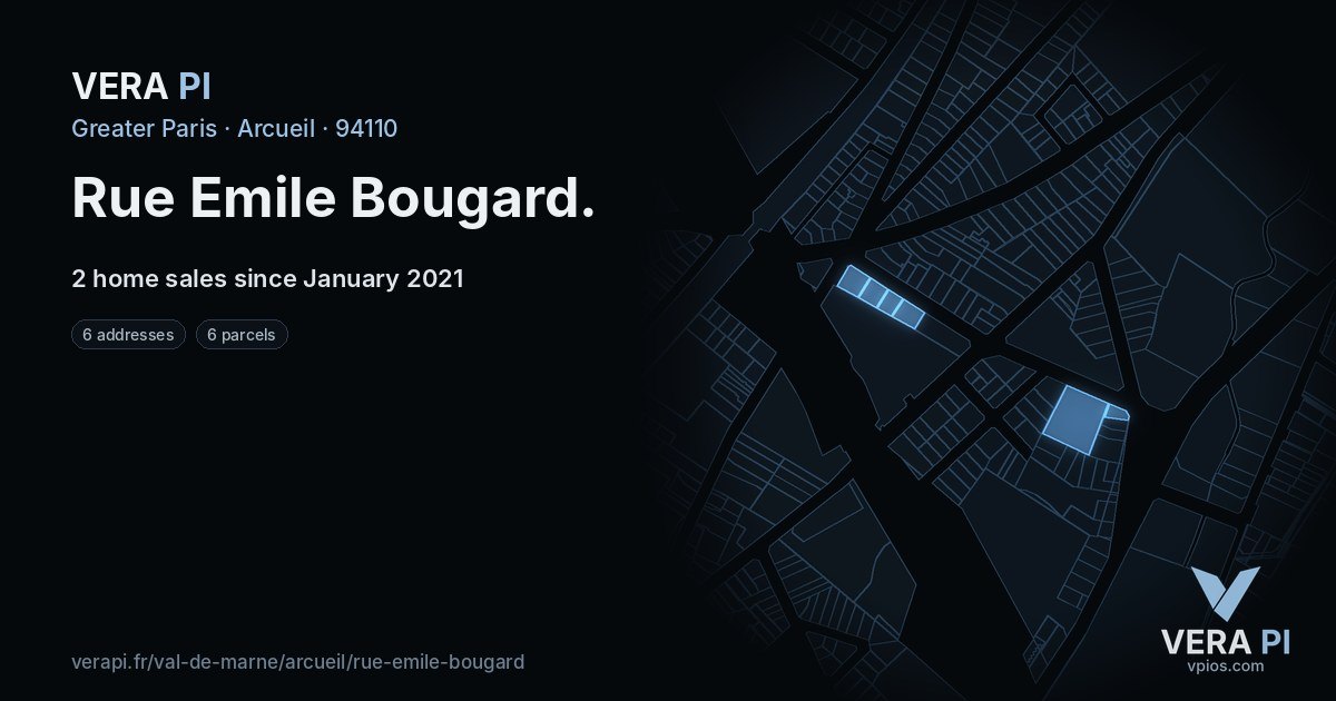 Rue Emile Bougard, Arcueil at night – every parcel coloured by the prices around it, the street's own parcels lit