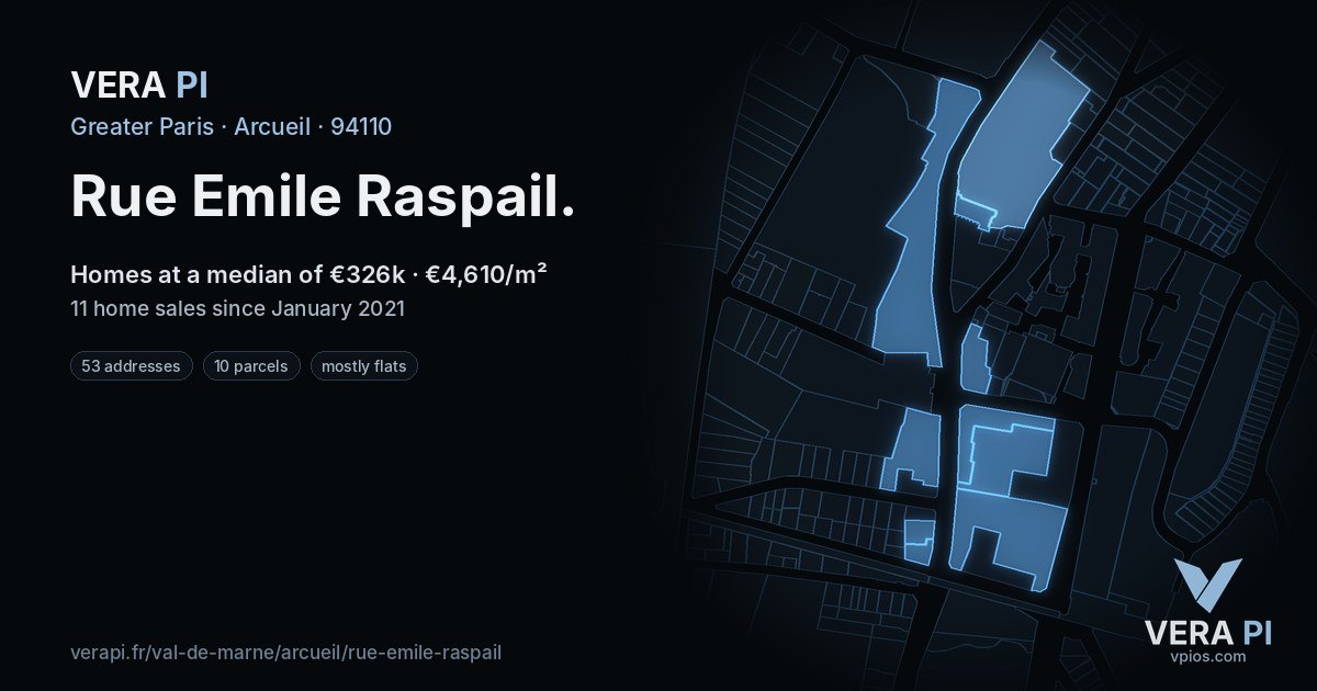 Rue Emile Raspail, Arcueil at night – every parcel coloured by the prices around it, the street's own parcels lit