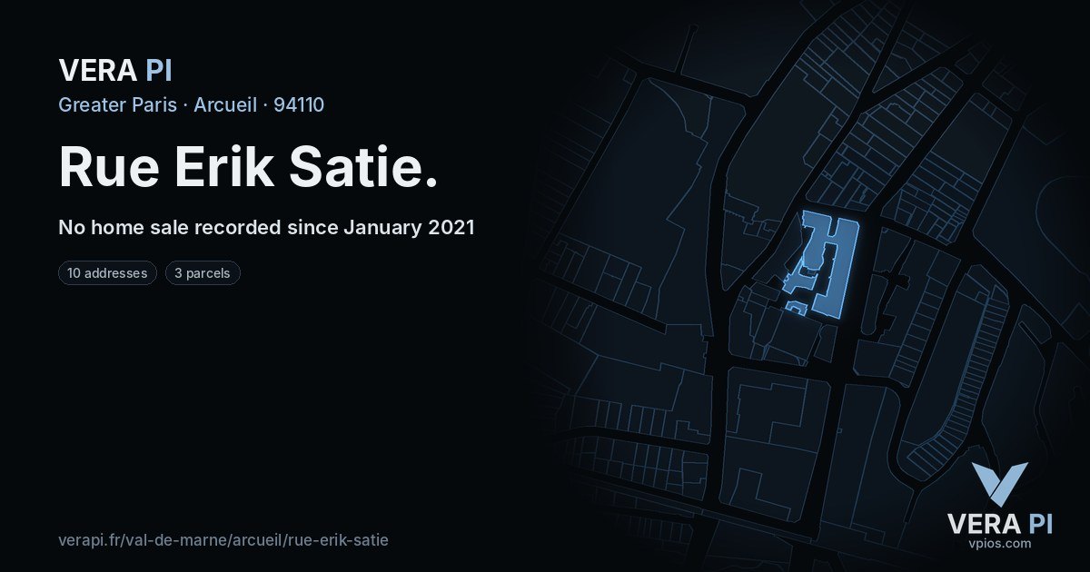 Rue Erik Satie, Arcueil at night – every parcel coloured by the prices around it, the street's own parcels lit
