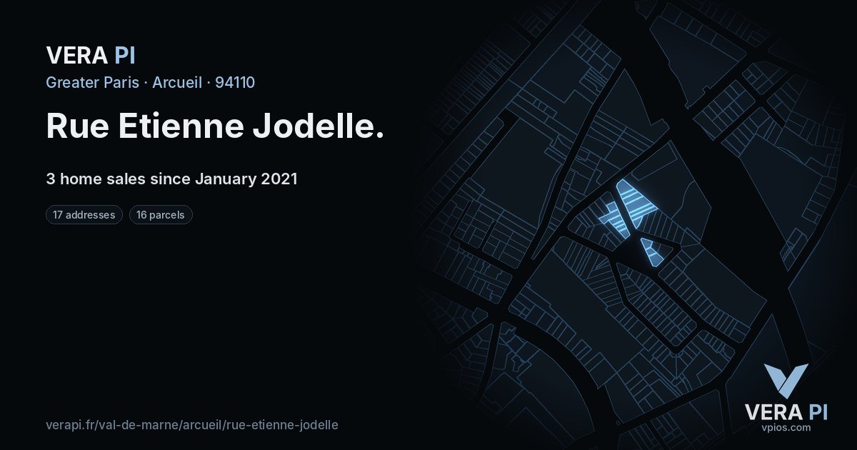 Rue Etienne Jodelle, Arcueil at night – every parcel coloured by the prices around it, the street's own parcels lit