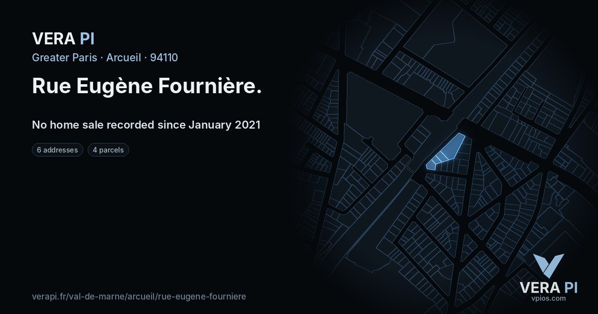 Rue Eugène Fournière, Arcueil at night – every parcel coloured by the prices around it, the street's own parcels lit