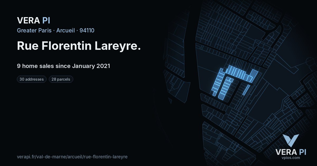Rue Florentin Lareyre, Arcueil at night – every parcel coloured by the prices around it, the street's own parcels lit