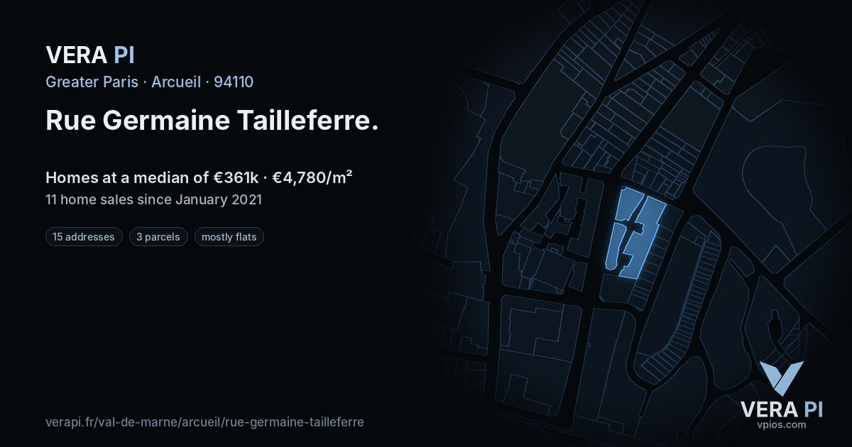 Rue Germaine Tailleferre, Arcueil at night – every parcel coloured by the prices around it, the street's own parcels lit