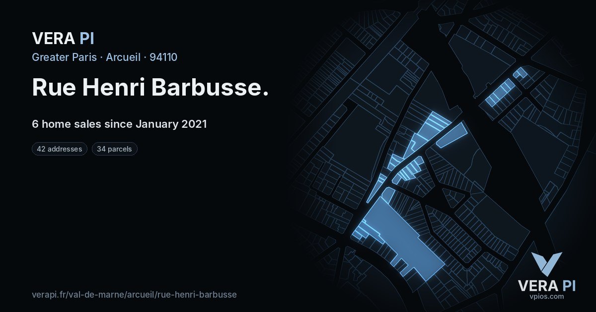 Rue Henri Barbusse, Arcueil at night – every parcel coloured by the prices around it, the street's own parcels lit