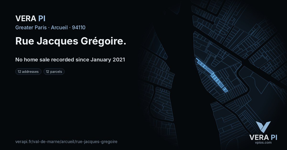 Rue Jacques Grégoire, Arcueil at night – every parcel coloured by the prices around it, the street's own parcels lit