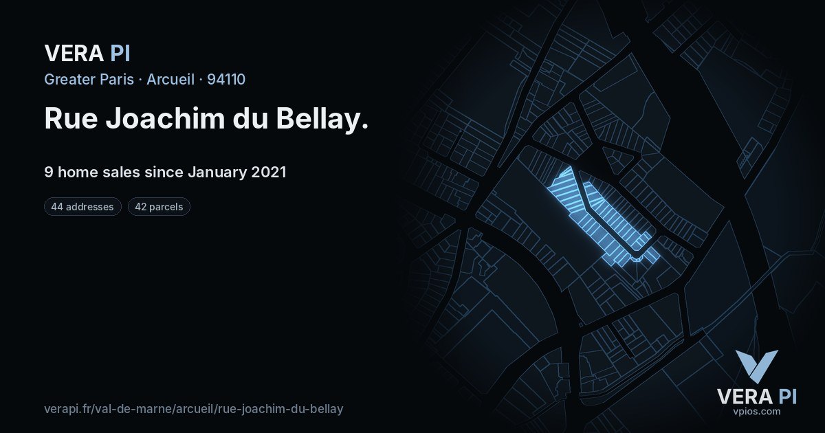 Rue Joachim du Bellay, Arcueil at night – every parcel coloured by the prices around it, the street's own parcels lit