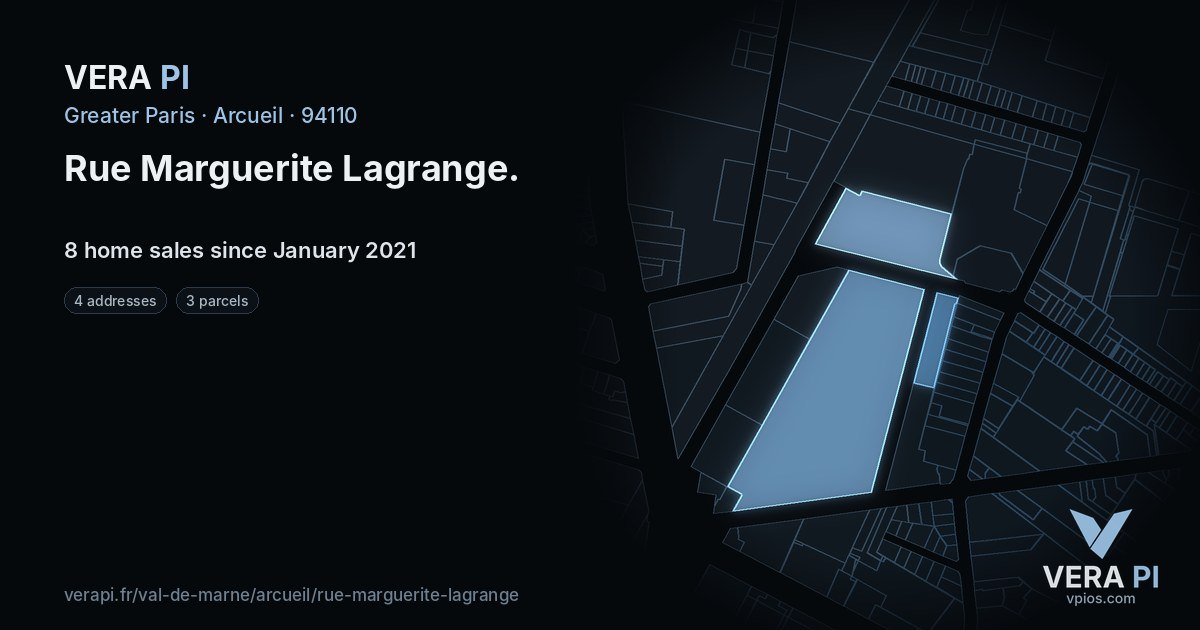 Rue Marguerite Lagrange, Arcueil at night – every parcel coloured by the prices around it, the street's own parcels lit