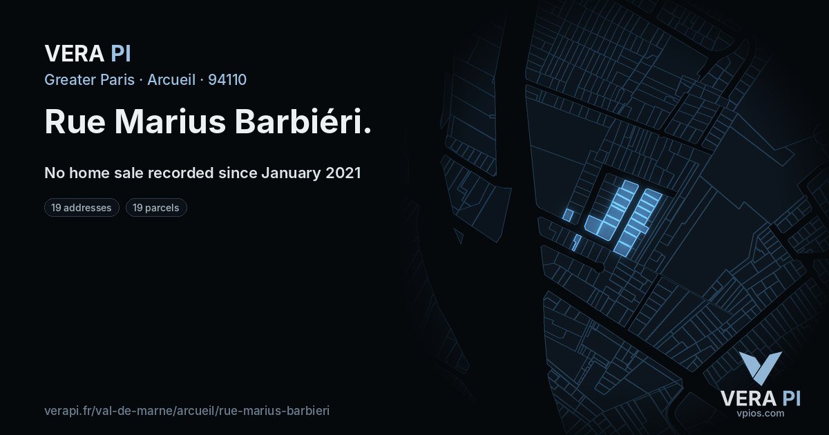 Rue Marius Barbiéri, Arcueil at night – every parcel coloured by the prices around it, the street's own parcels lit
