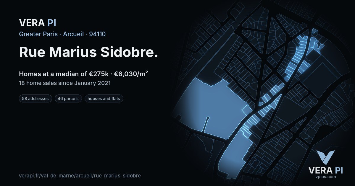 Rue Marius Sidobre, Arcueil at night – every parcel coloured by the prices around it, the street's own parcels lit