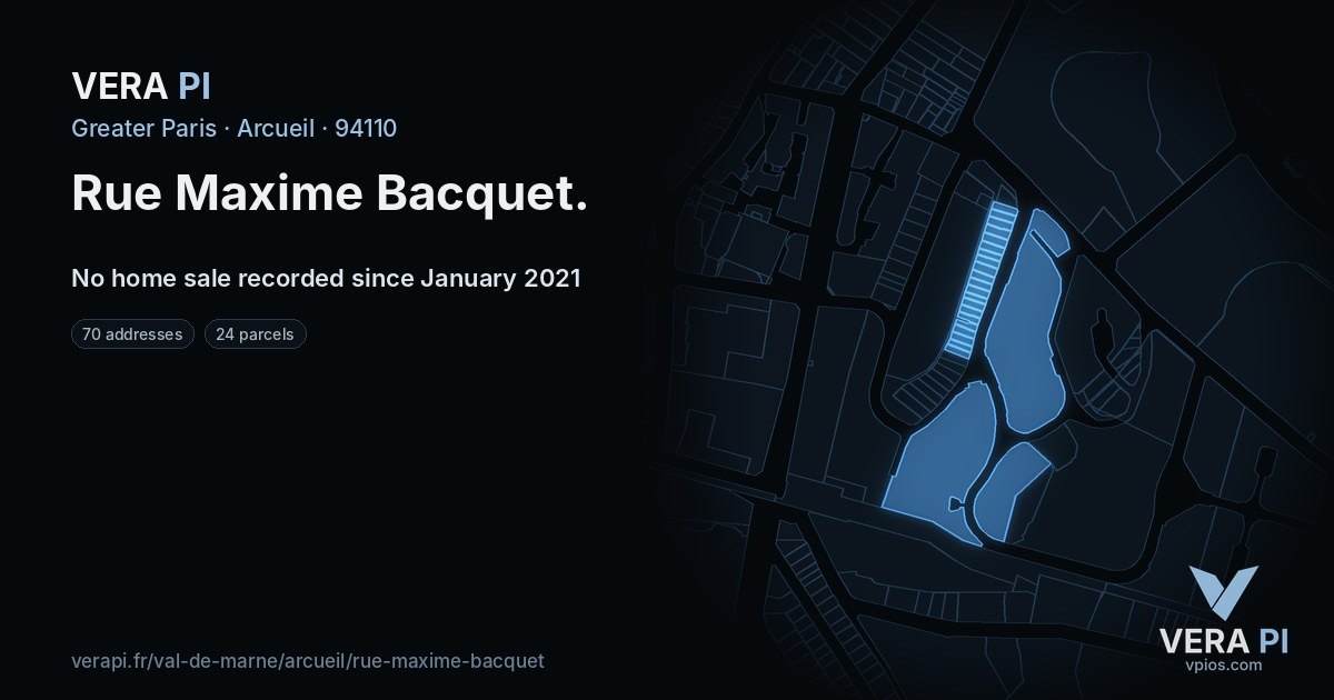 Rue Maxime Bacquet, Arcueil at night – every parcel coloured by the prices around it, the street's own parcels lit