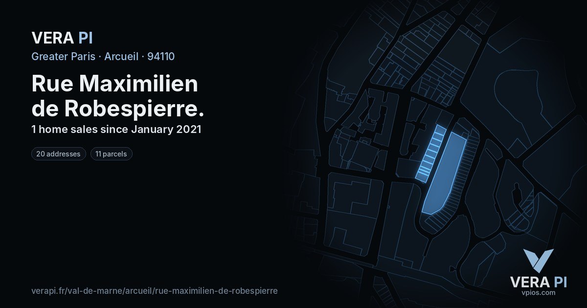 Rue Maximilien de Robespierre, Arcueil at night – every parcel coloured by the prices around it, the street's own parcels lit