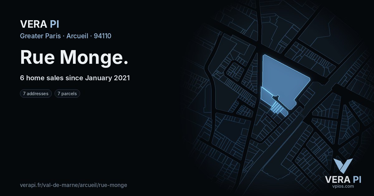 Rue Monge, Arcueil at night – every parcel coloured by the prices around it, the street's own parcels lit