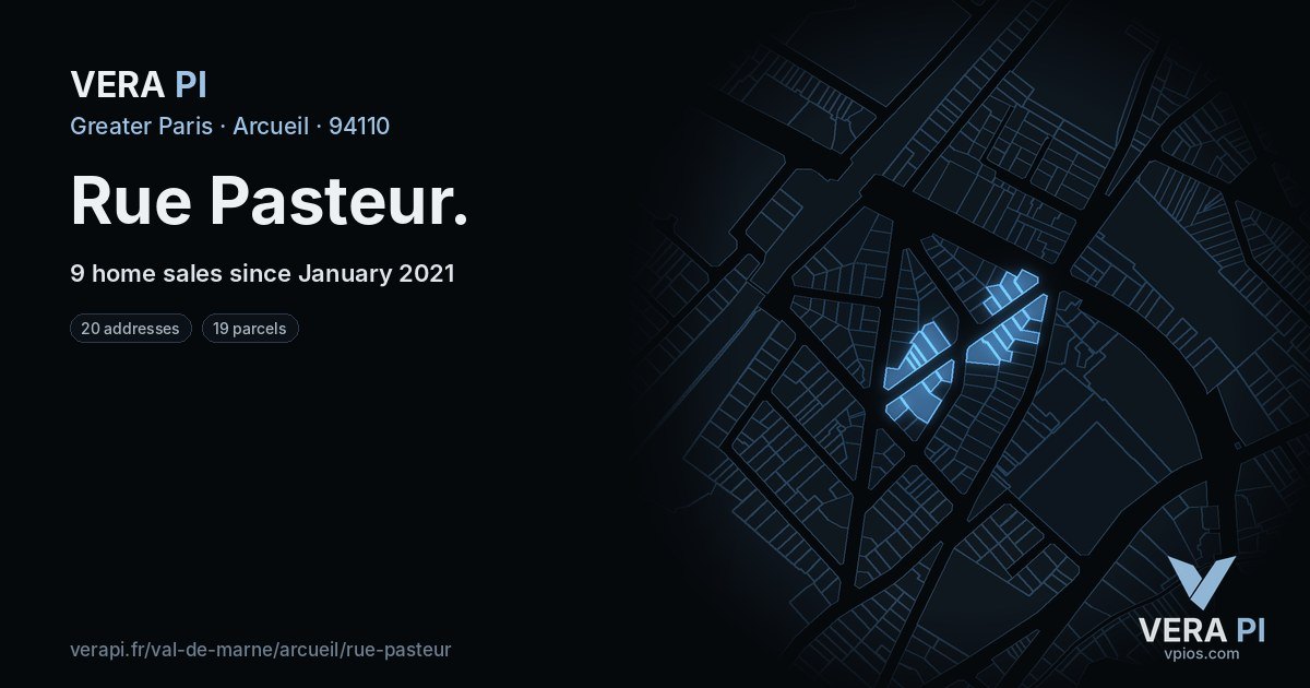 Rue Pasteur, Arcueil at night – every parcel coloured by the prices around it, the street's own parcels lit