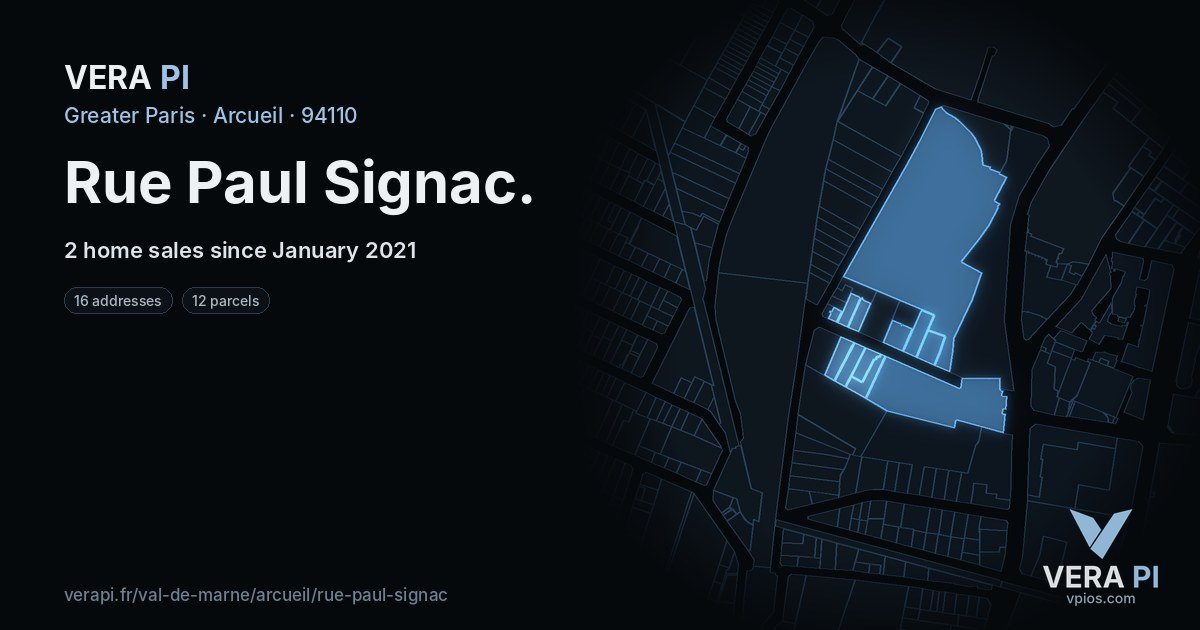 Rue Paul Signac, Arcueil at night – every parcel coloured by the prices around it, the street's own parcels lit