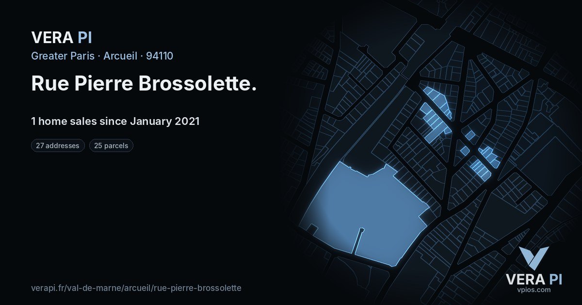 Rue Pierre Brossolette, Arcueil at night – every parcel coloured by the prices around it, the street's own parcels lit
