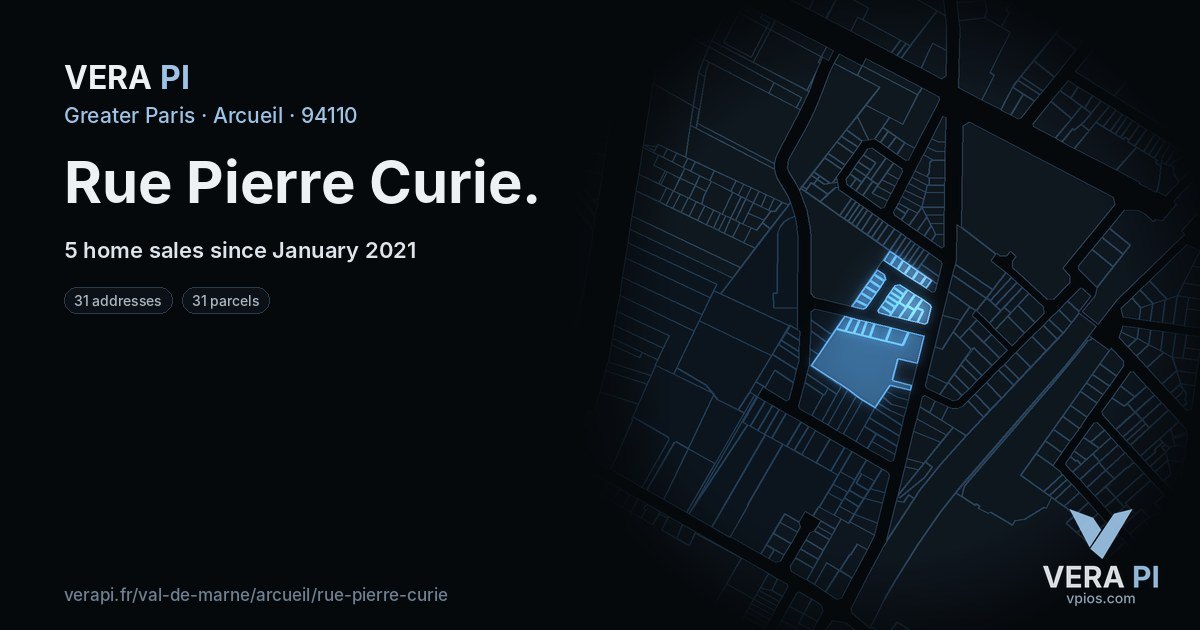 Rue Pierre Curie, Arcueil at night – every parcel coloured by the prices around it, the street's own parcels lit