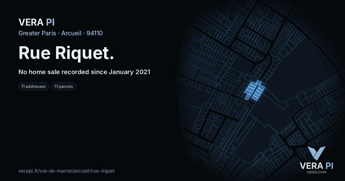 Rue Riquet, Arcueil at night – every parcel coloured by the prices around it, the street's own parcels lit