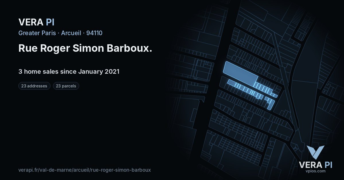 Rue Roger Simon Barboux, Arcueil at night – every parcel coloured by the prices around it, the street's own parcels lit