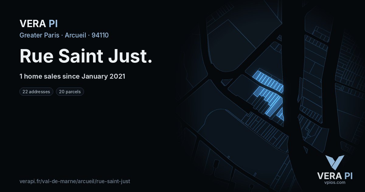 Rue Saint Just, Arcueil at night – every parcel coloured by the prices around it, the street's own parcels lit