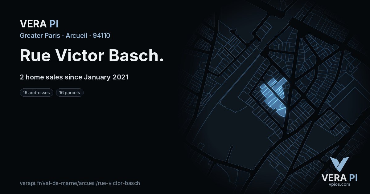 Rue Victor Basch, Arcueil at night – every parcel coloured by the prices around it, the street's own parcels lit