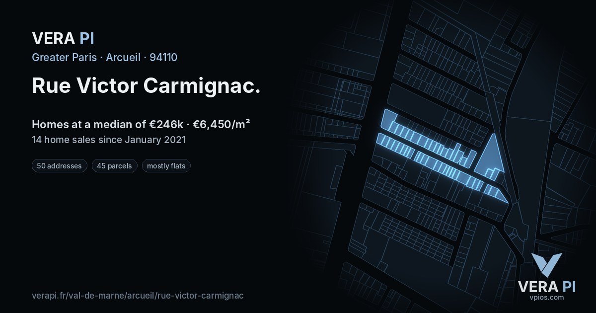 Rue Victor Carmignac, Arcueil at night – every parcel coloured by the prices around it, the street's own parcels lit