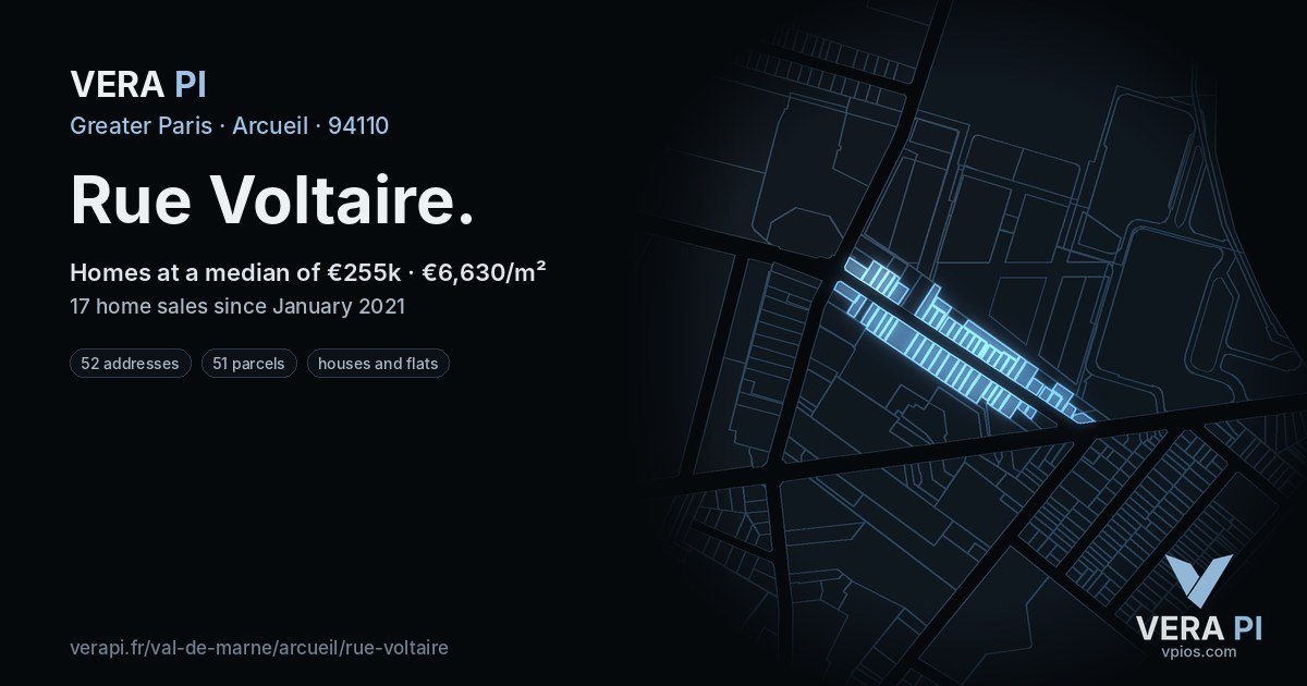 Rue Voltaire, Arcueil at night – every parcel coloured by the prices around it, the street's own parcels lit