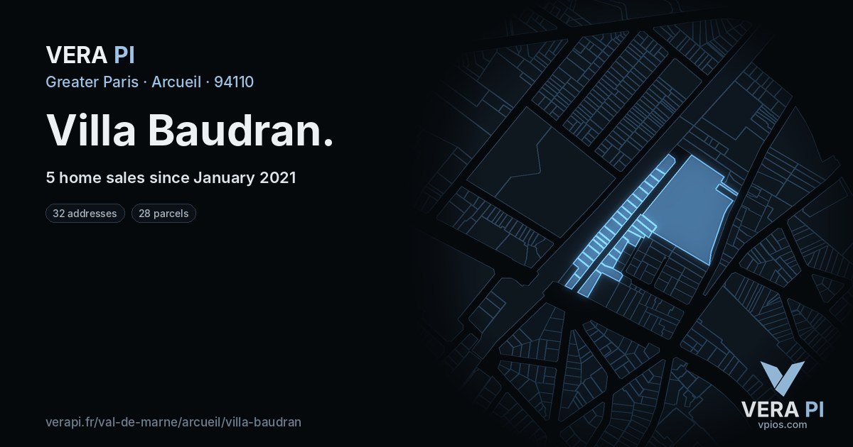 Villa Baudran, Arcueil at night – every parcel coloured by the prices around it, the street's own parcels lit