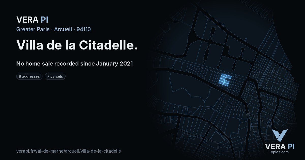 Villa de la Citadelle, Arcueil at night – every parcel coloured by the prices around it, the street's own parcels lit