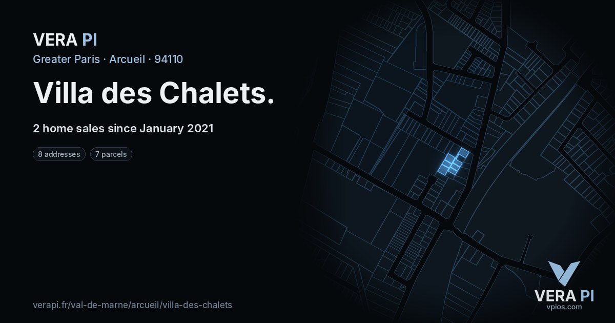 Villa des Chalets, Arcueil at night – every parcel coloured by the prices around it, the street's own parcels lit