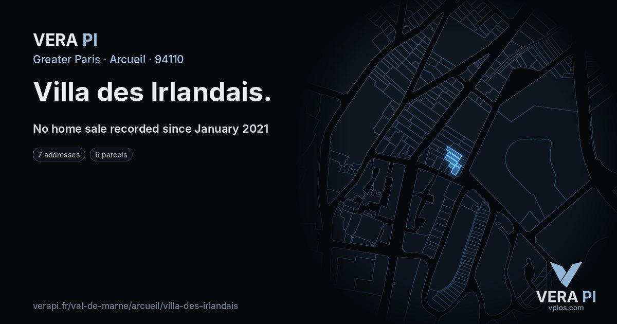 Villa des Irlandais, Arcueil at night – every parcel coloured by the prices around it, the street's own parcels lit
