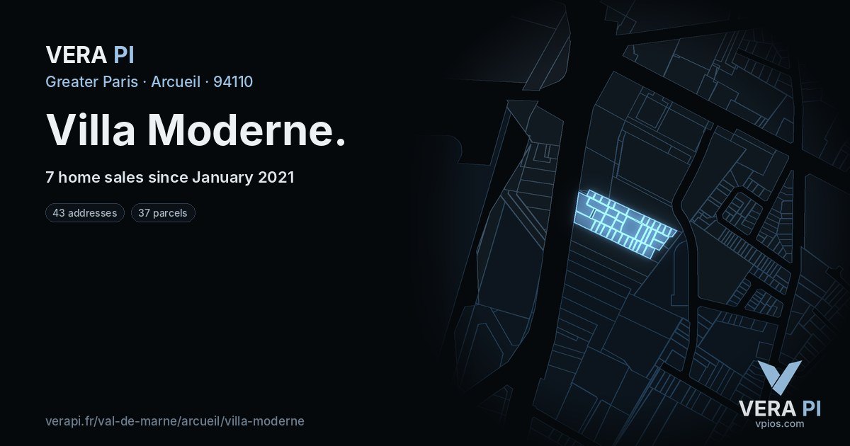 Villa Moderne, Arcueil at night – every parcel coloured by the prices around it, the street's own parcels lit