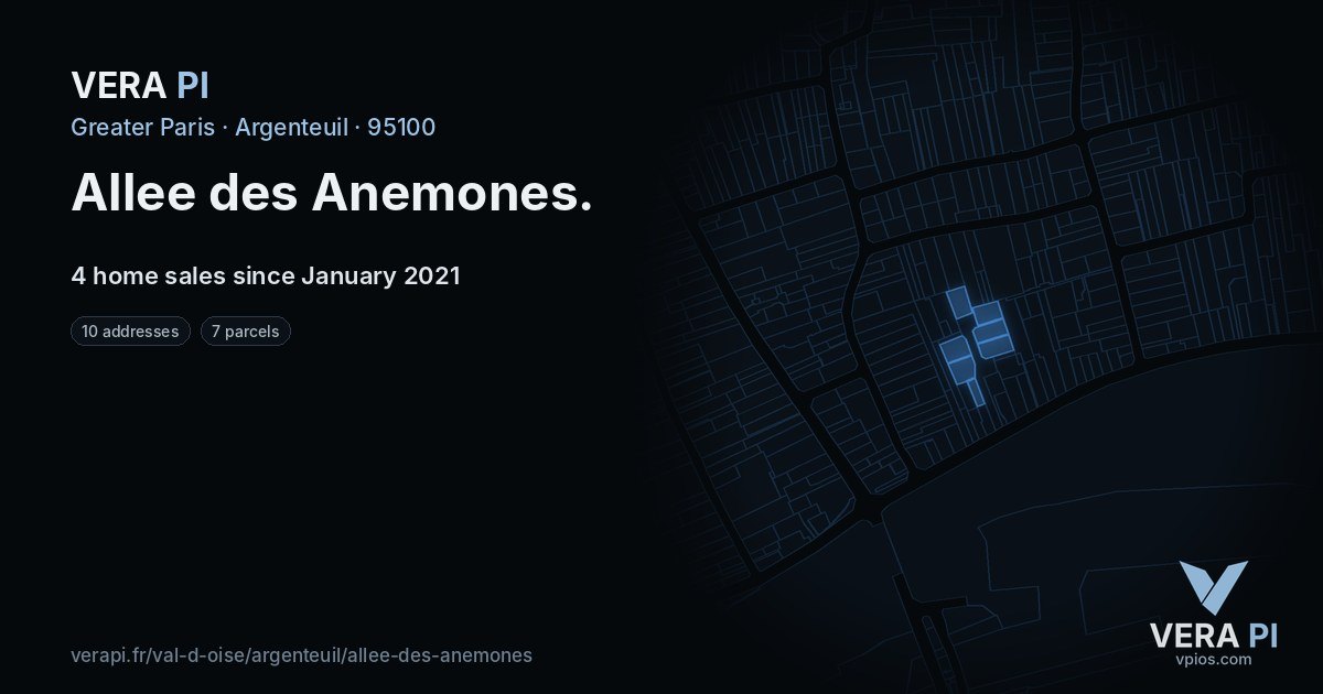 Allee des Anemones, Argenteuil at night – every parcel coloured by the prices around it, the street's own parcels lit