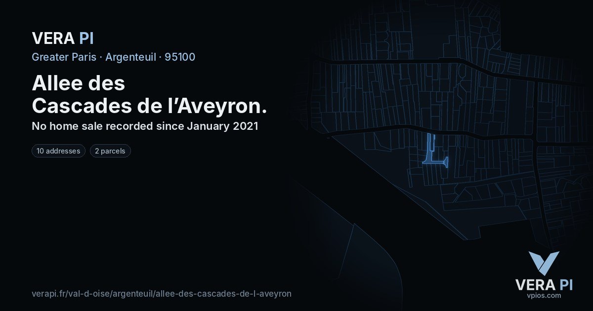 Allee des Cascades de l’Aveyron, Argenteuil at night – every parcel coloured by the prices around it, the street's own parcels lit