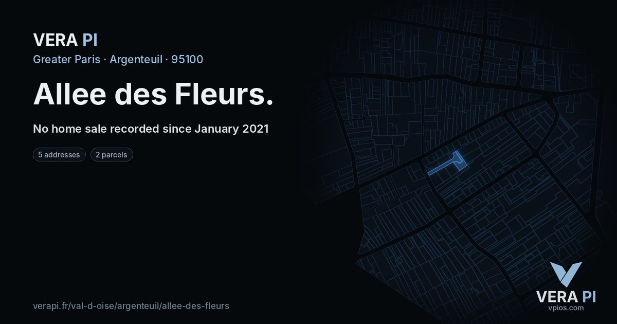 Allee des Fleurs, Argenteuil at night – every parcel coloured by the prices around it, the street's own parcels lit