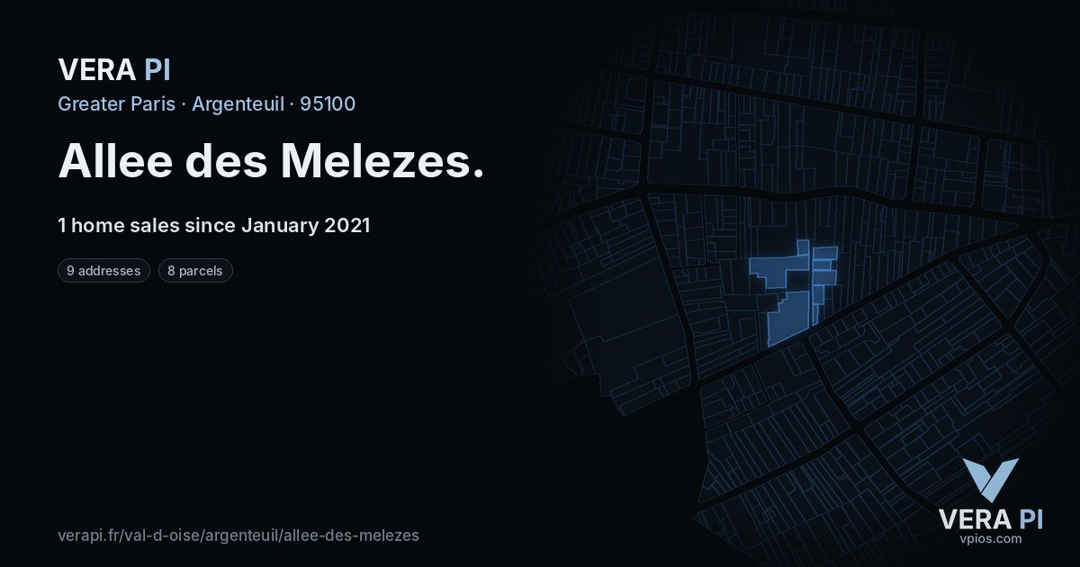 Allee des Melezes, Argenteuil at night – every parcel coloured by the prices around it, the street's own parcels lit