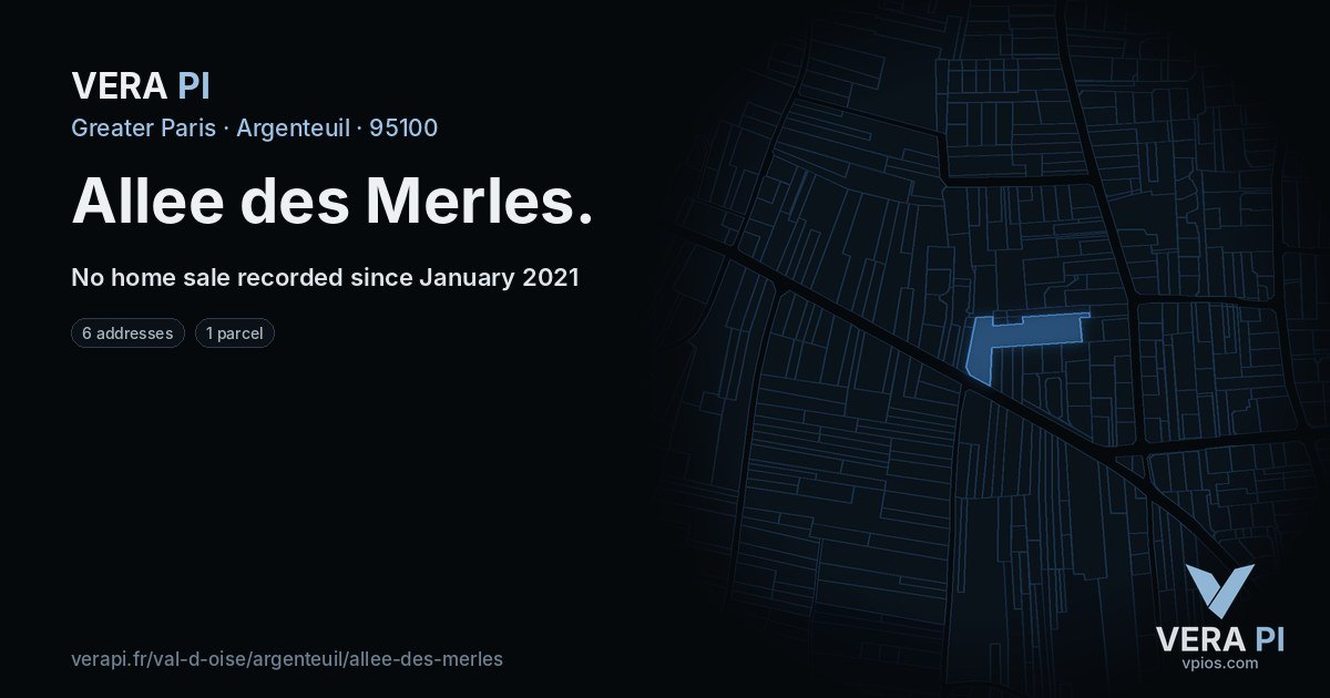 Allee des Merles, Argenteuil at night – every parcel coloured by the prices around it, the street's own parcels lit