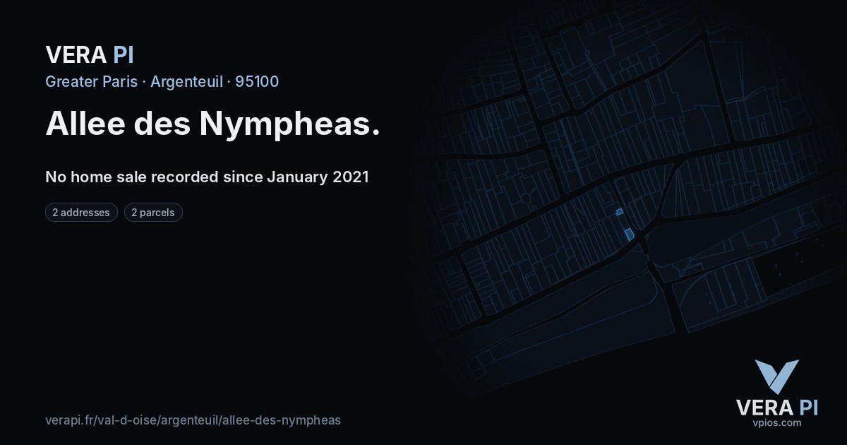 Allee des Nympheas, Argenteuil at night – every parcel coloured by the prices around it, the street's own parcels lit
