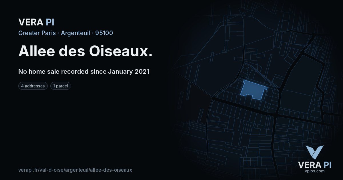 Allee des Oiseaux, Argenteuil at night – every parcel coloured by the prices around it, the street's own parcels lit