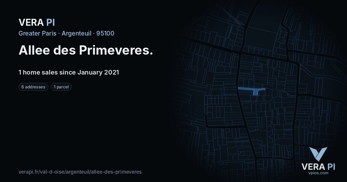Allee des Primeveres, Argenteuil at night – every parcel coloured by the prices around it, the street's own parcels lit