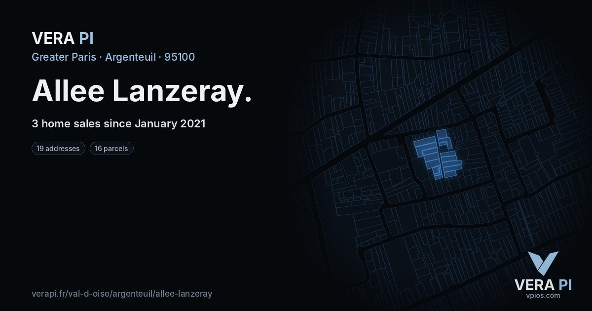 Allee Lanzeray, Argenteuil at night – every parcel coloured by the prices around it, the street's own parcels lit