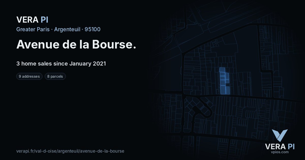 Avenue de la Bourse, Argenteuil at night – every parcel coloured by the prices around it, the street's own parcels lit