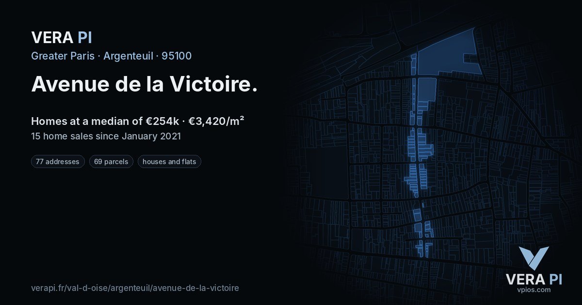 Avenue de la Victoire, Argenteuil at night – every parcel coloured by the prices around it, the street's own parcels lit