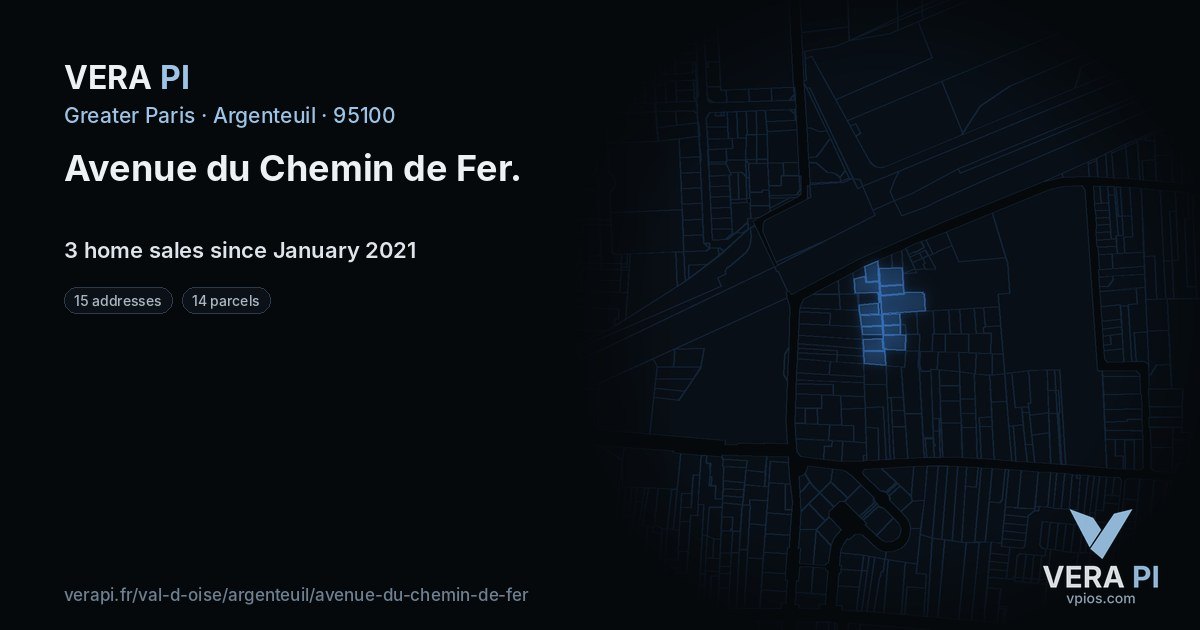 Avenue du Chemin de Fer, Argenteuil at night – every parcel coloured by the prices around it, the street's own parcels lit