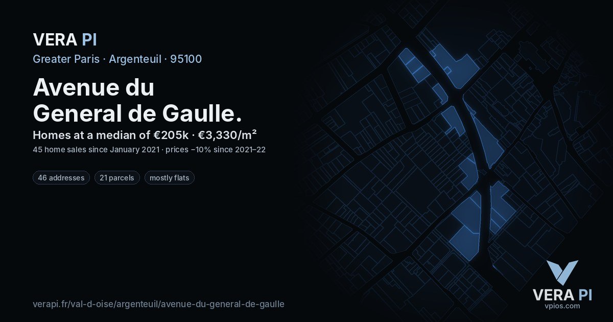 Avenue du General de Gaulle, Argenteuil at night – every parcel coloured by the prices around it, the street's own parcels lit