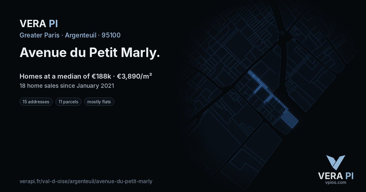 Avenue du Petit Marly, Argenteuil at night – every parcel coloured by the prices around it, the street's own parcels lit
