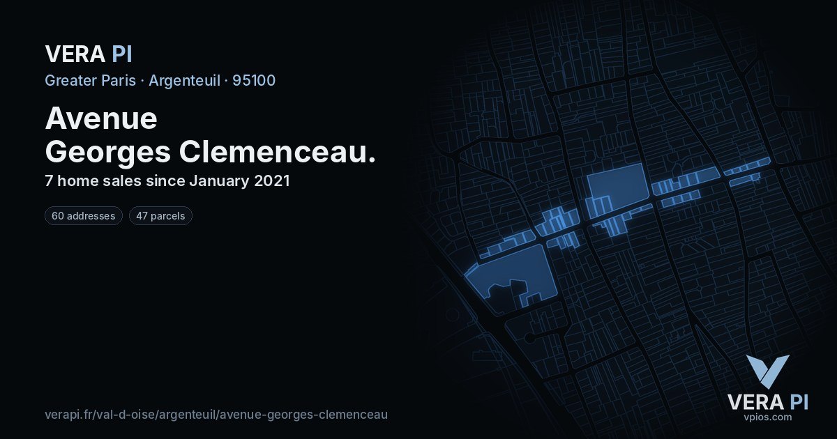Avenue Georges Clemenceau, Argenteuil at night – every parcel coloured by the prices around it, the street's own parcels lit