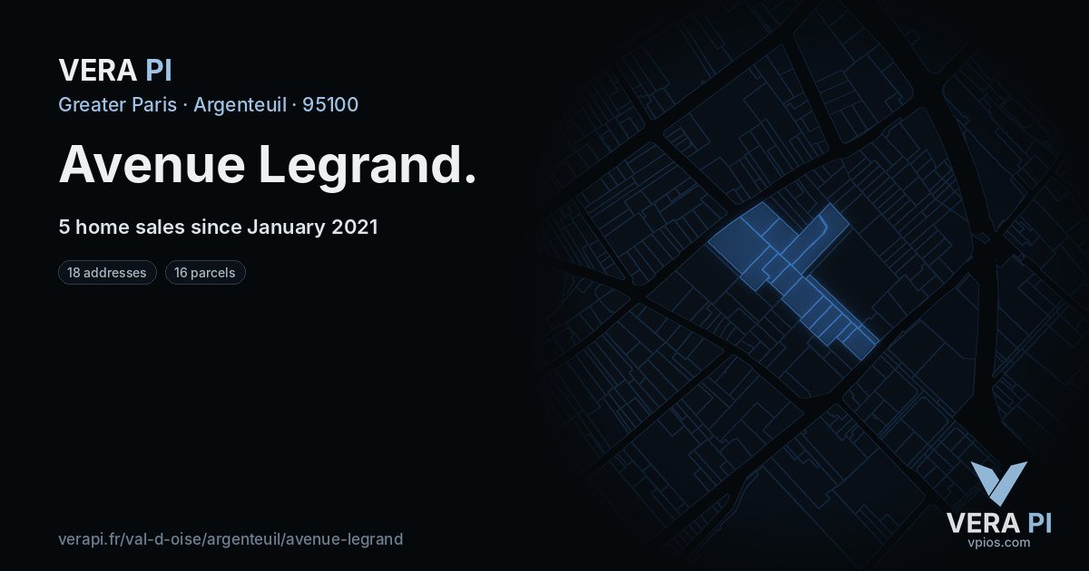 Avenue Legrand, Argenteuil at night – every parcel coloured by the prices around it, the street's own parcels lit