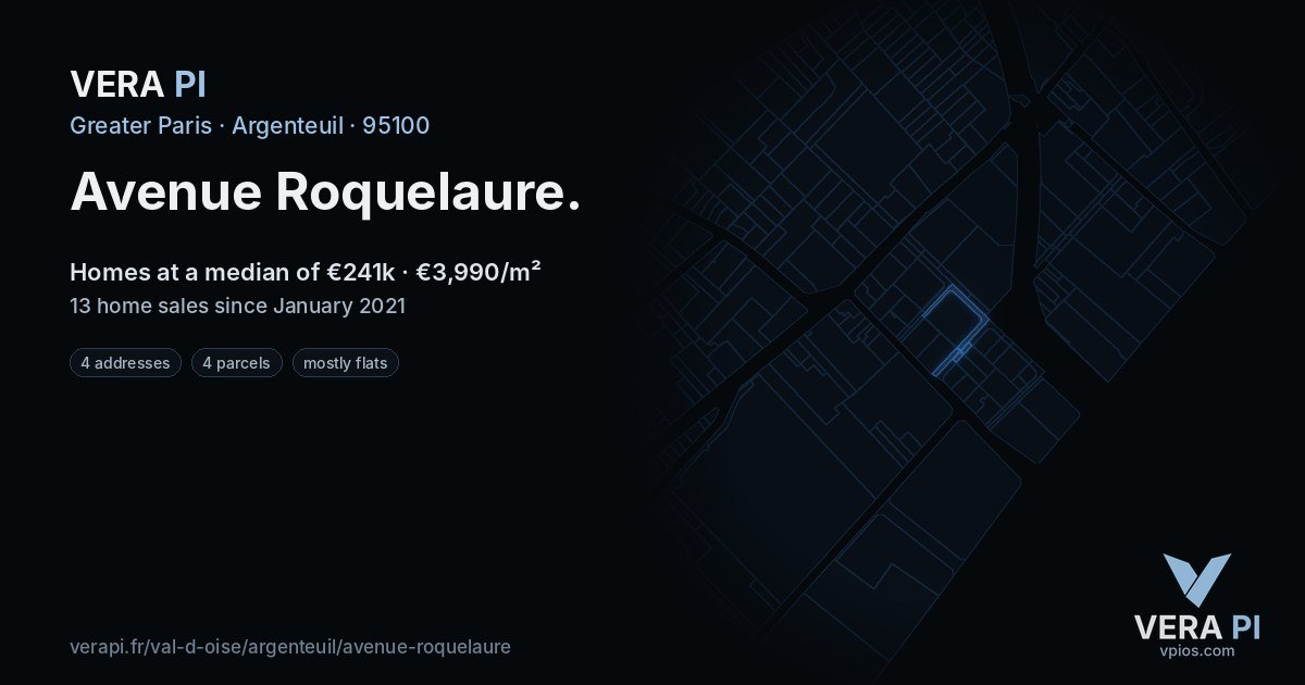 Avenue Roquelaure, Argenteuil at night – every parcel coloured by the prices around it, the street's own parcels lit